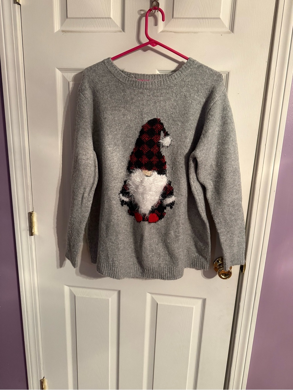 cupcakes & cashmere Gray Gnome Pullover Sweater with Red Black Plaid Hat